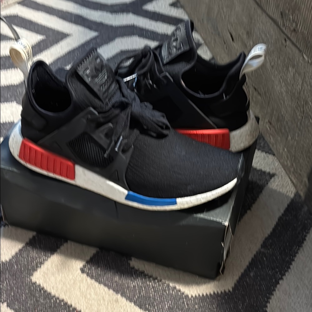 adidas Black Athletic Shoes with Red and Blue Accents